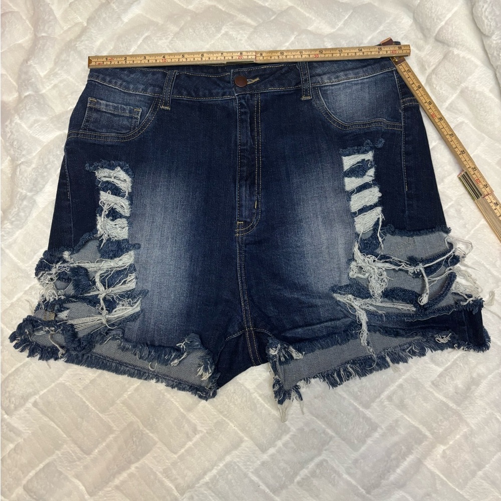 Fashion Nova Dark Blue Distressed Jean Shorts 3”